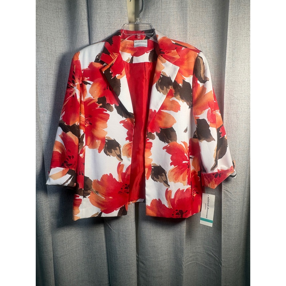 Alfred Dunner Monaco Floral Blazer Red Orange White 3/4 Sleeve Size 16P NWT